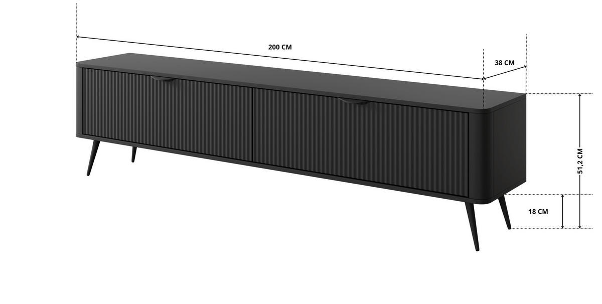 TV-LOWBOARD 200 cm Schwarz - mit geriffelten Fronten und 2 Klappen - Schwarz, Holz/Holzwerkstoff (200/51/38cm) - Ravio
