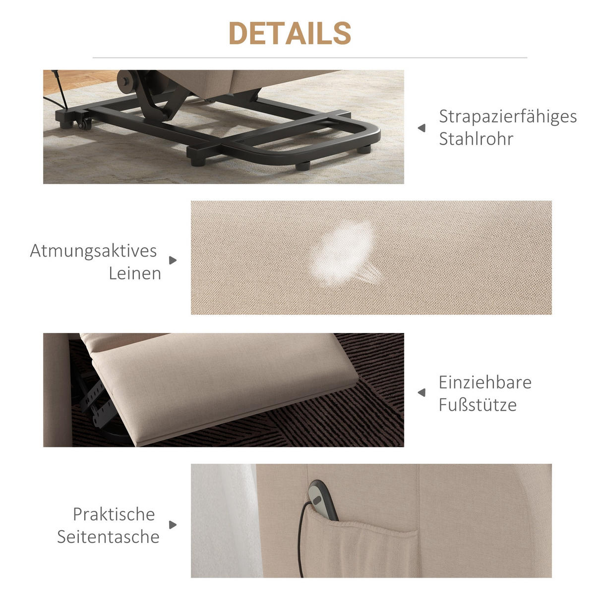 RELAXSESSEL 72.5/109/94 cm Creme aus Holz mit elektrischer Aufstehhilfe - Creme, Holz (94/111/74cm) - OKMYHOME