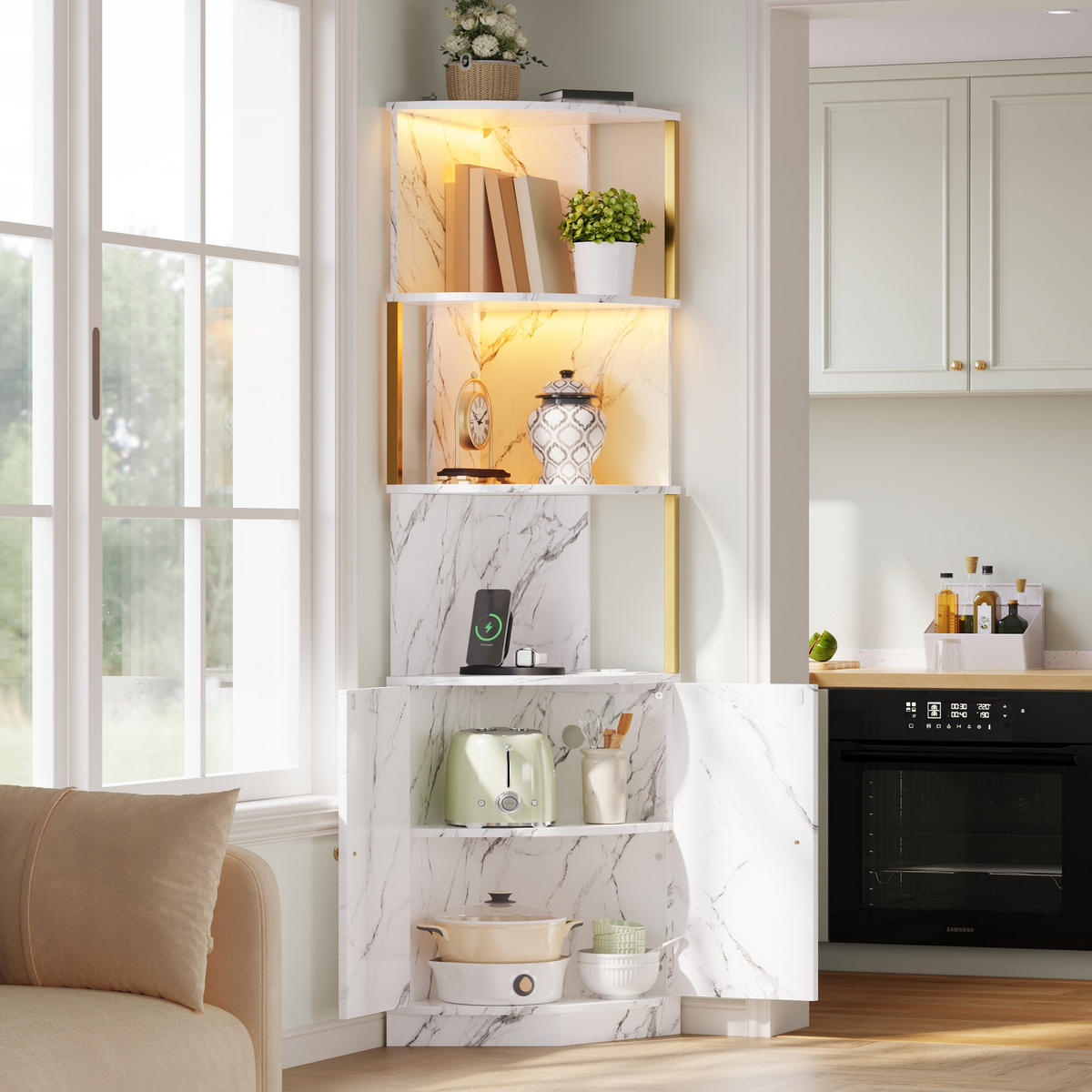 MEHRZWECKSCHRANK DE-38762 38/38/180 cm LED-Beleuchtung und 2 Türen Marmoroptik/Gold - Weiß, Holzwerkstoff (38/180/38cm) - ComfortXL