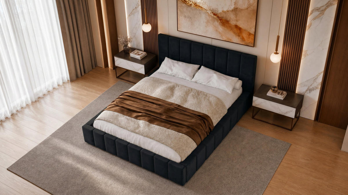 POLSTERBETT 140x200 cm, Alma, Doppelbett mit Bettkasten, Lattenrost aus Holz, Velourstoff, Schwarz - Schwarz, Holz/Textil (140/200cm) - Marpur