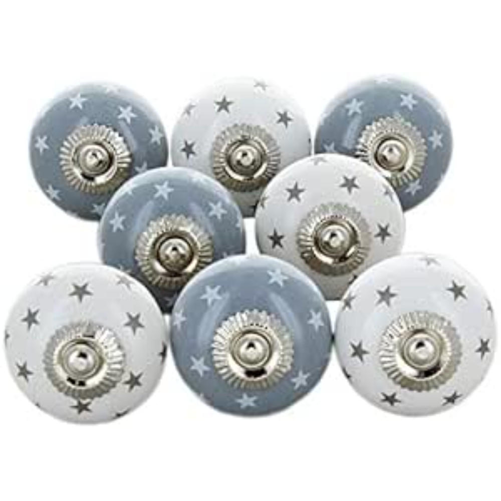 KERAMIKKNÖPFEN Set mit 8 mit Weiß und Blau Sterne40 mm Durchmesser - Grau, Keramik (4/4/6.9cm) - Nacnic