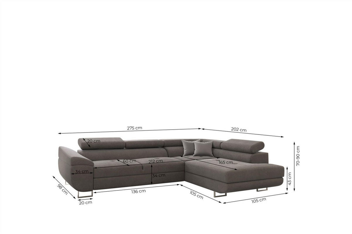 ECKSOFA Carmelo In Nova - Grau, Holzwerkstoff/Textil (275/202cm) - Fun Möbel