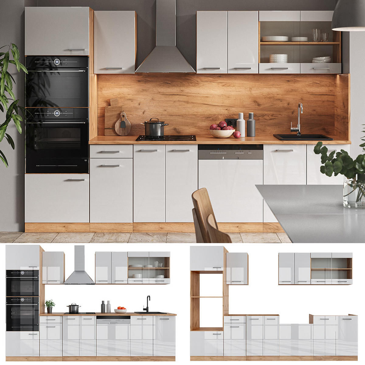 KÜCHENZEILE R-Line Weiß Hochglanz/Goldkraft Eiche 300 cm mit Hochschrank ohne AP - Weiß Hochglanz/Eiche Wotan, Holzwerkstoff (300/81.6/46cm) - Vicco