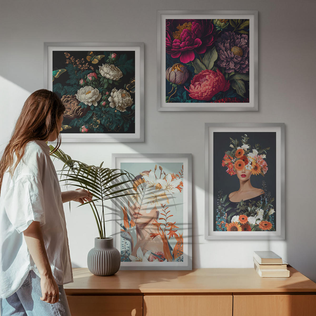 WANDBILDER 4er Set - 50x50 cm & 40x60 cm Silberner Rahmen - Blumenporträts, Sträuße, Blätter - Silberfarben, Kunststoff (50/50cm) - ArtPrintCave