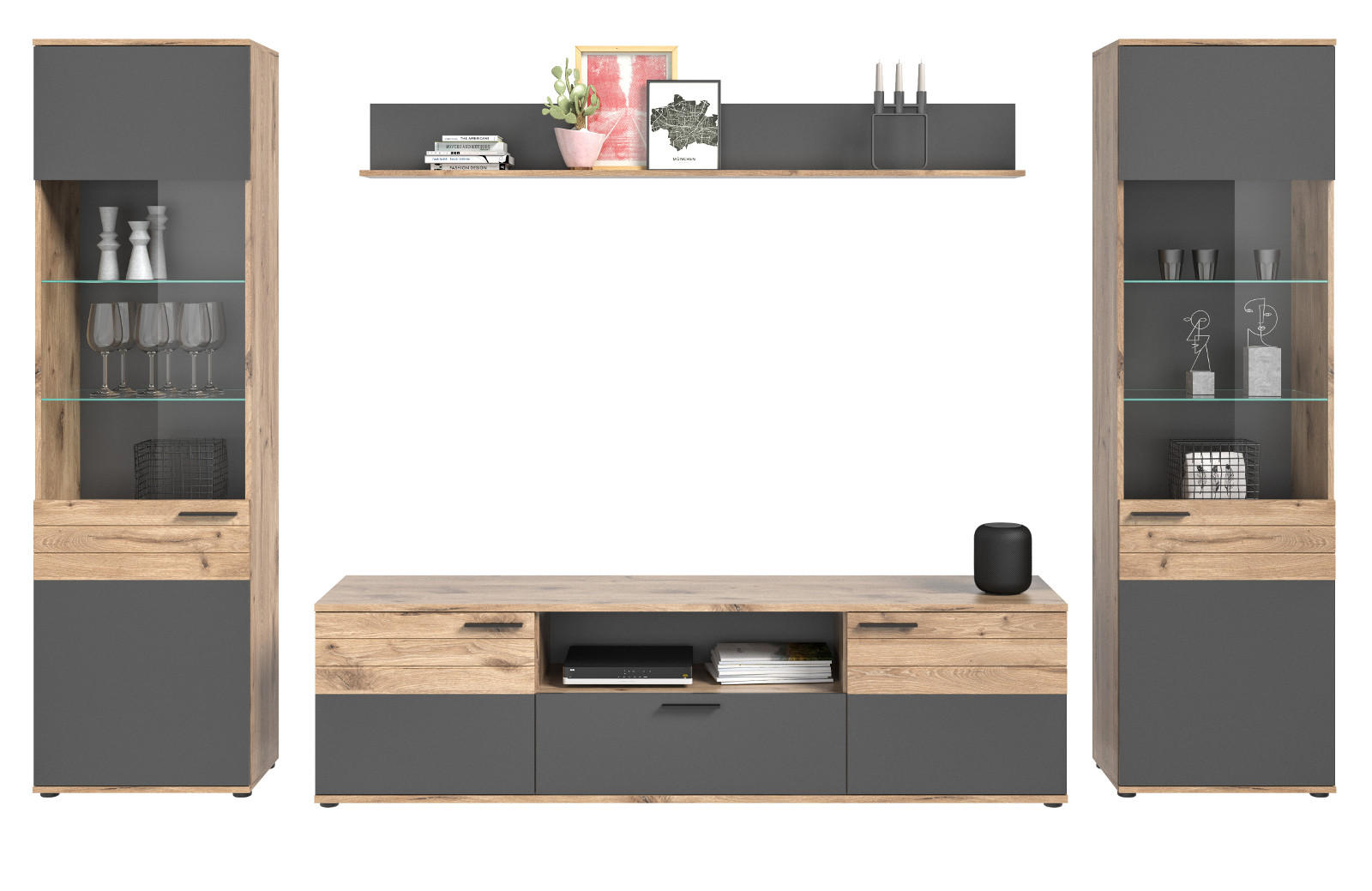WOHNWAND Eiche, grau 4-teilig 338 cm, Schrankwand mit Soft-Close, Wohn- und Esszimmermöbel - Eichefarben/Schwarz, Glas/Holzwerkstoff (338/200/47cm) - Inn.Furn