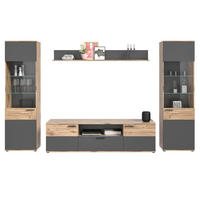 WOHNWAND Eiche, grau 4-teilig 338 cm, Schrankwand mit Soft-Close, Wohn- und Esszimmermöbel - Eichefarben/Schwarz, Glas/Holzwerkstoff (338/200/47cm) - Inn.Furn