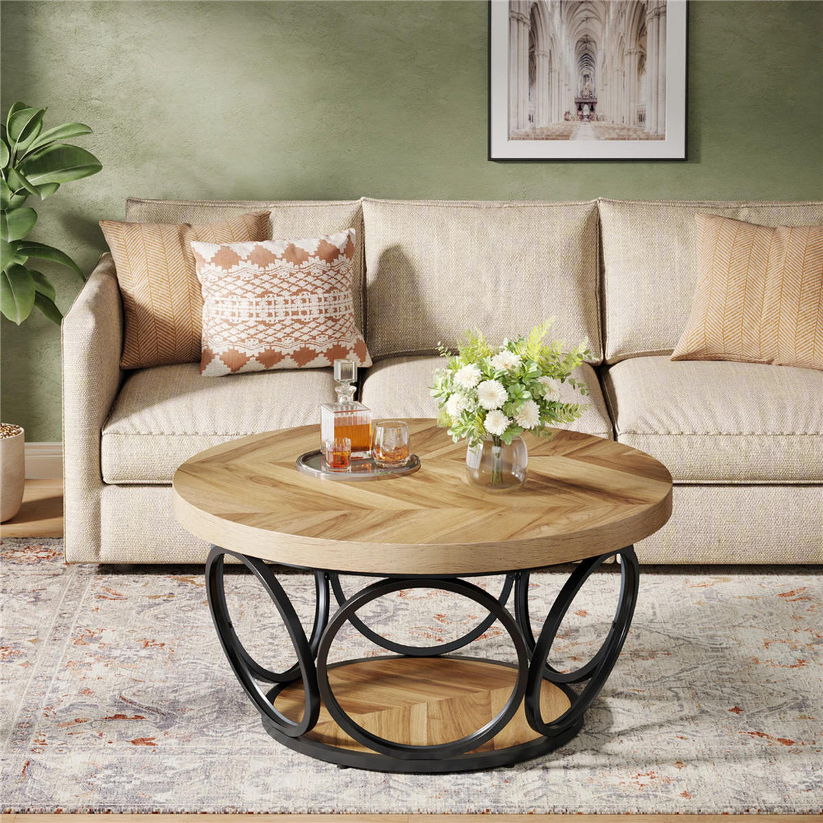 COUCHTISCH rund 80/80/42.5 cm 2 Ebenen Holz Stauraum modern - Hellbraun, Holz (80/80/42.5cm) - Kaket
