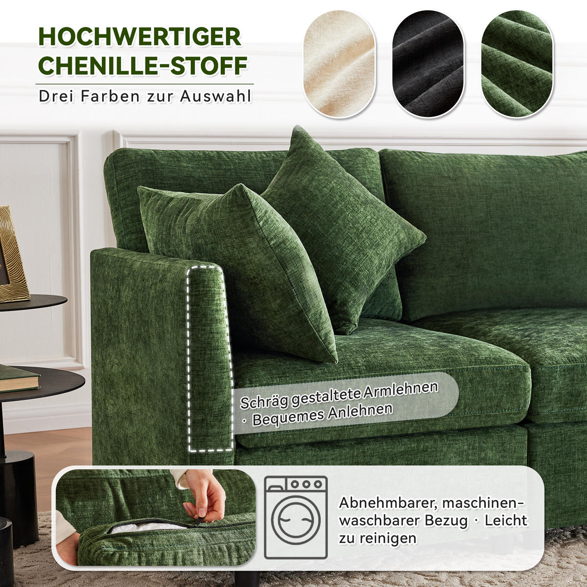 SOFA aus Chenille 216x161x81 cm mit modularem Hocker, grün - Grün, Textil (161/216cm) - Luhomfu