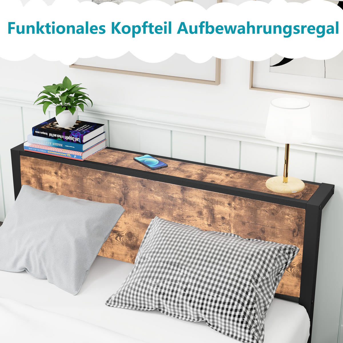 METALLBETT 120x200 cm Stauraum Kopfteil braun - Dunkelbraun, Holzwerkstoff (120/200cm) - LEBENLANG