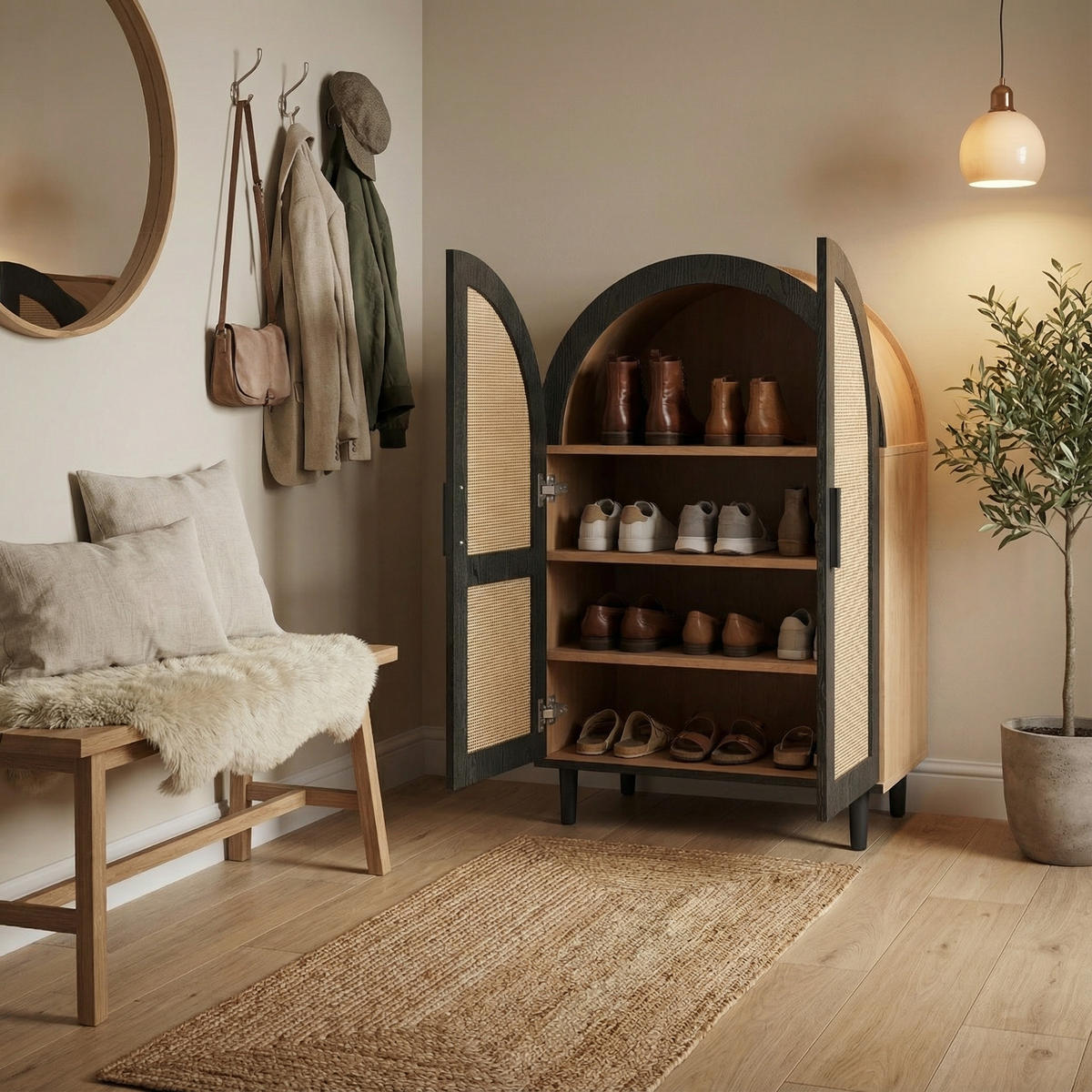 SCHUHKIPPER in Natur/Schwarz mit Bogen-Design - Schwarz, Holzwerkstoff (70/100/40cm) - Urban Meuble