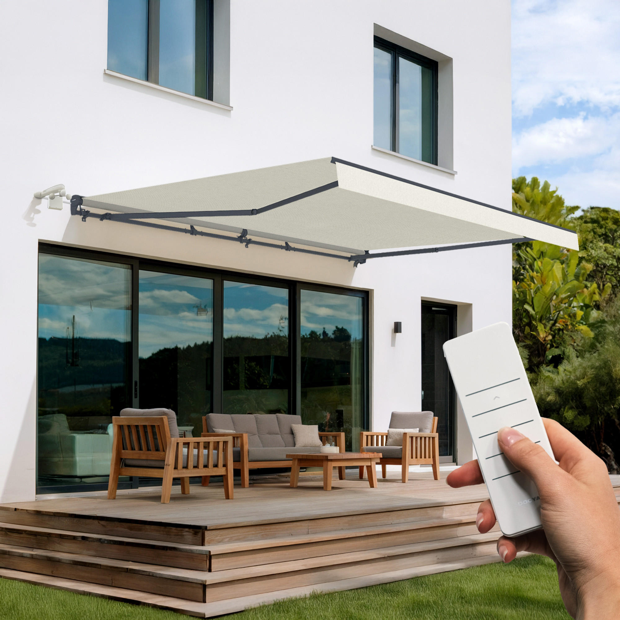 HALBKASSETTENMARKISE Fazzio Beige 5m x 3m motorisierte - Premium-Leinwand 320g/m² - Beige, Metall (500/270/300cm) - Cazeboo