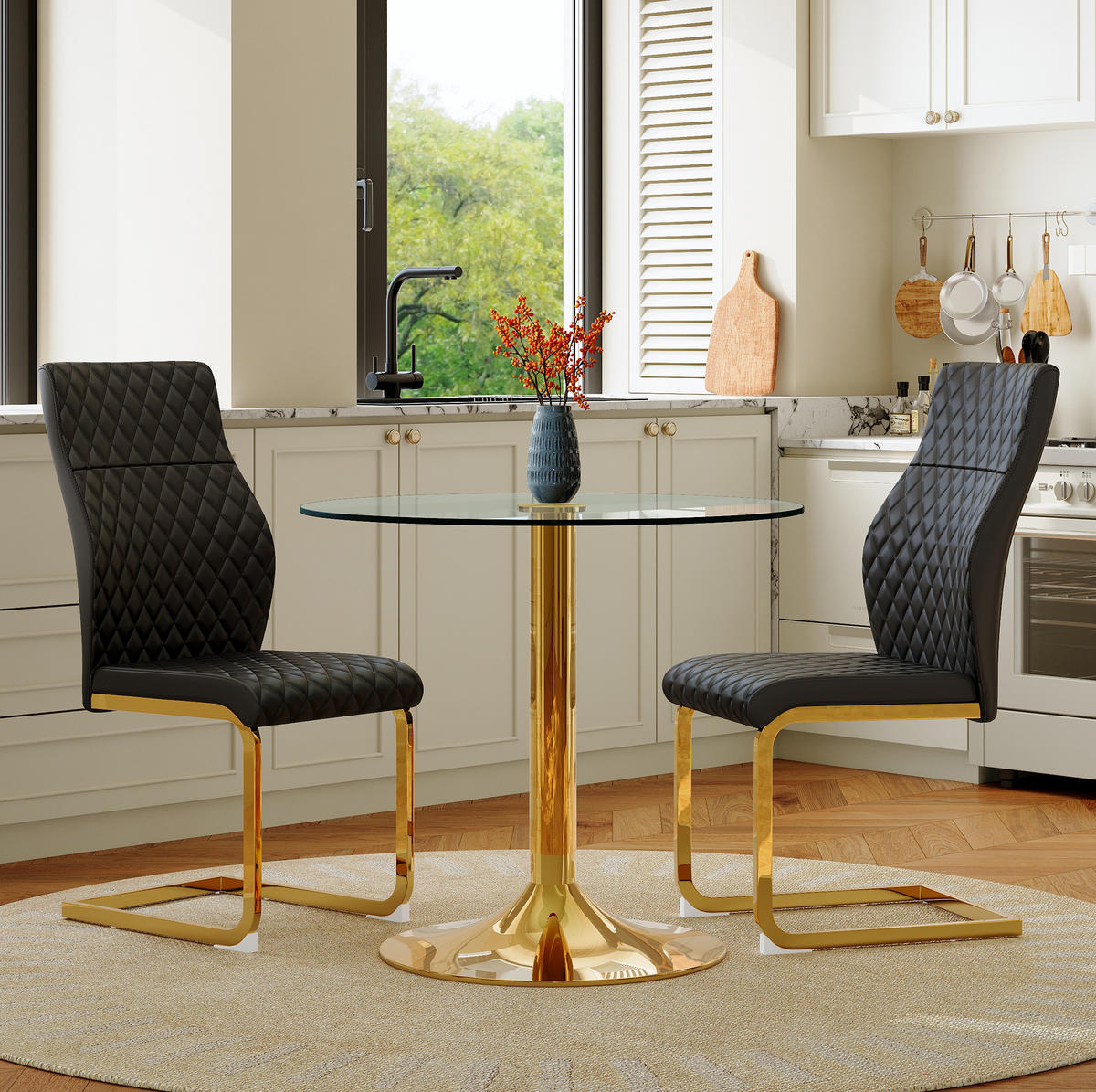 ESSZIMMER-SET Glastisch mit 2 Stühlen 85 cm Schwarz/Gold - Multicolor, Metall (85/76/85cm) - Meubliv