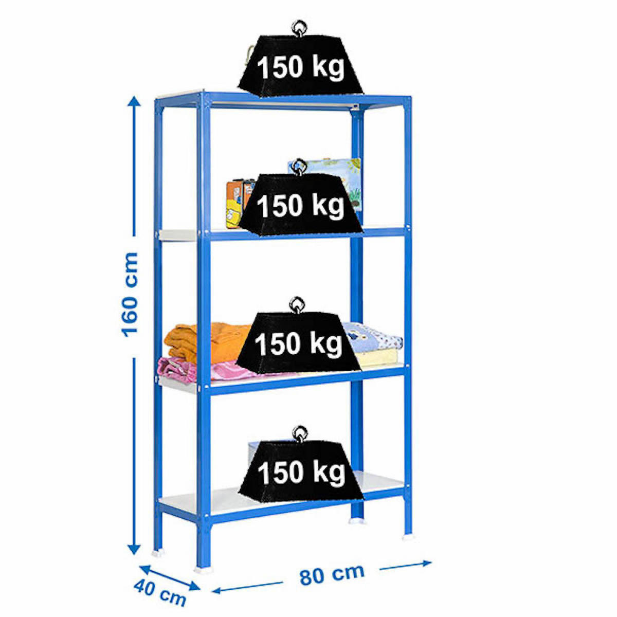 WOHNREGAL LIVING KOALA METAL mit 4 Fachböden | HxBxT 160x80x40cm | Fachlast 150kg | Blau/Weiß - Blau, Metall (80/160/40cm) - PROREGAL