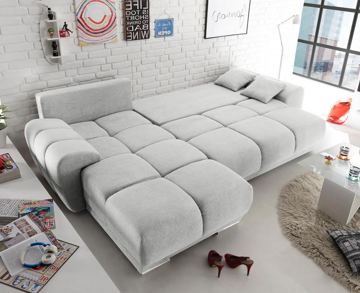 ECKSOFA beidseitig montierbar, Schlaffunktion mit Bettkasten - Chromfarben/Silberfarben, Textil (289/189cm) - ed exciting design