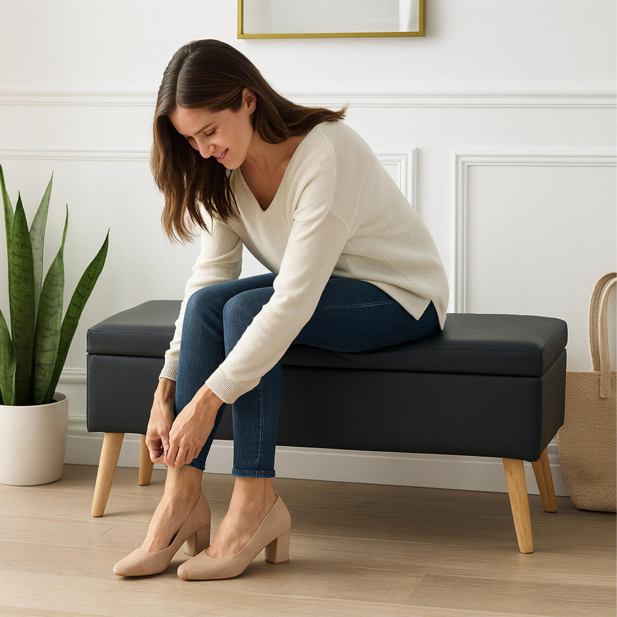 SITZBANK - Schwarz/Naturfarben, Holz/Holzwerkstoff (110/40/40cm) - Relaxdays