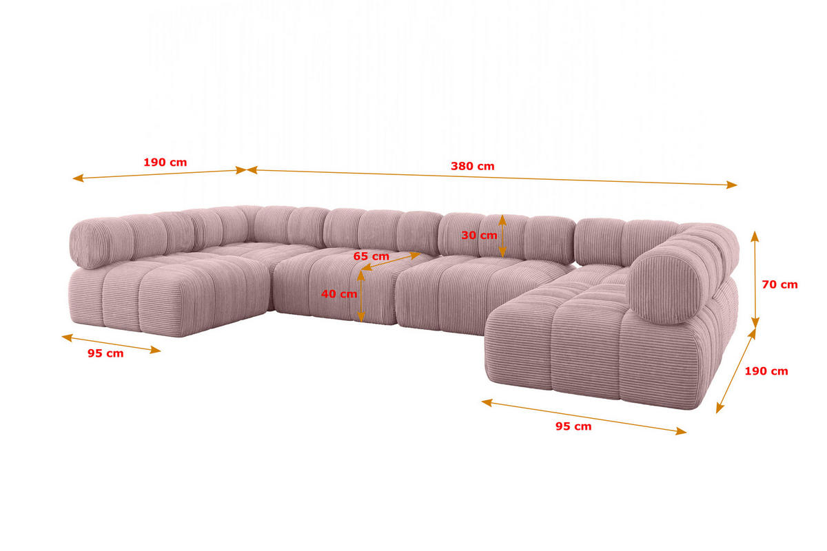 WOHNLANDSCHAFT modulares Sofa Garvo-U2 - 380x190x70 cm Rosa Cord - Rosa, Holzwerkstoff/Textil (380/70/190cm) - ALTDECOR