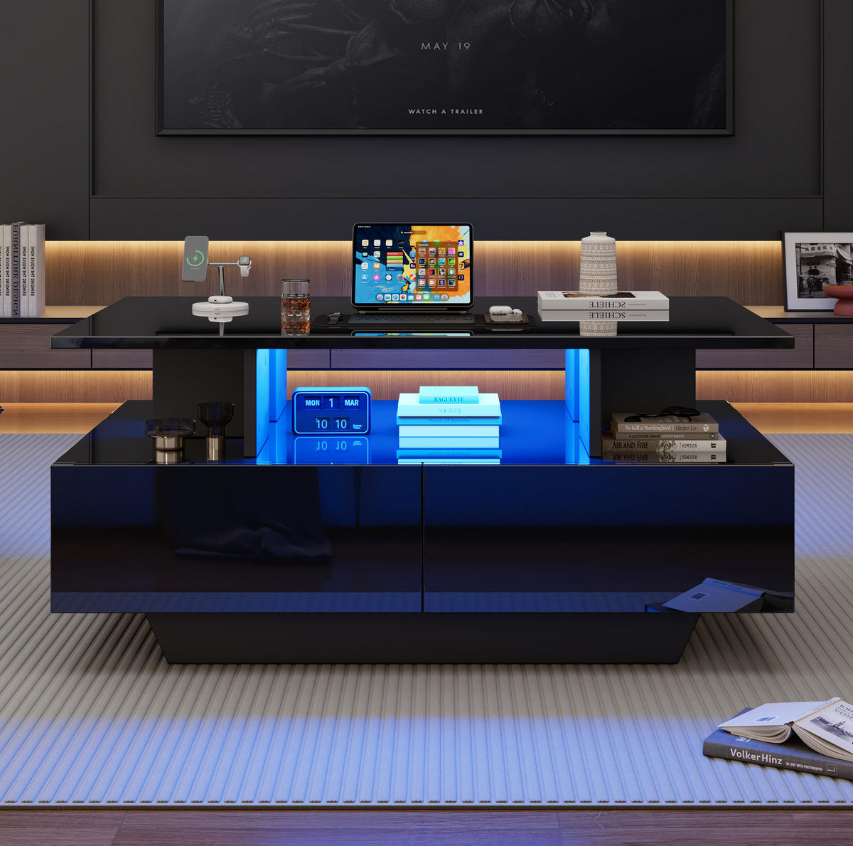 COUCHTISCH mit 2 Schubladen 90x55x41 cm Hochglanz Schwarz mit LED - Schwarz, Holzwerkstoff (90/55/41cm) - Meubliv