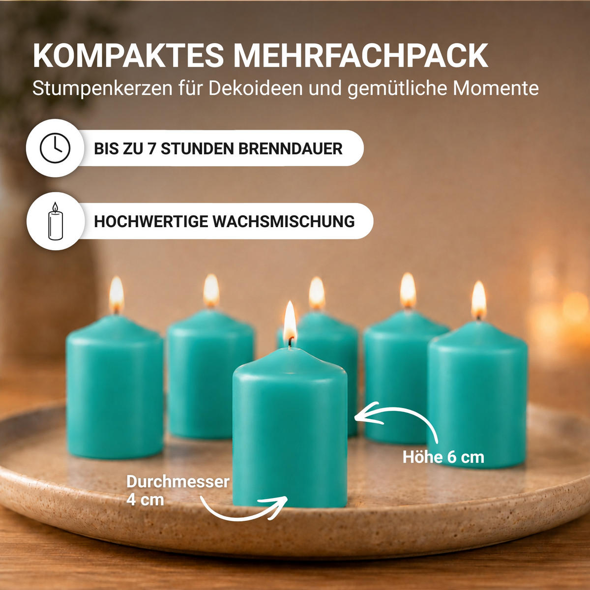 STUMPENKERZEN Ø4xH6 cm Türkis 24er-Pack - Türkis, Naturmaterialien (4/6cm)