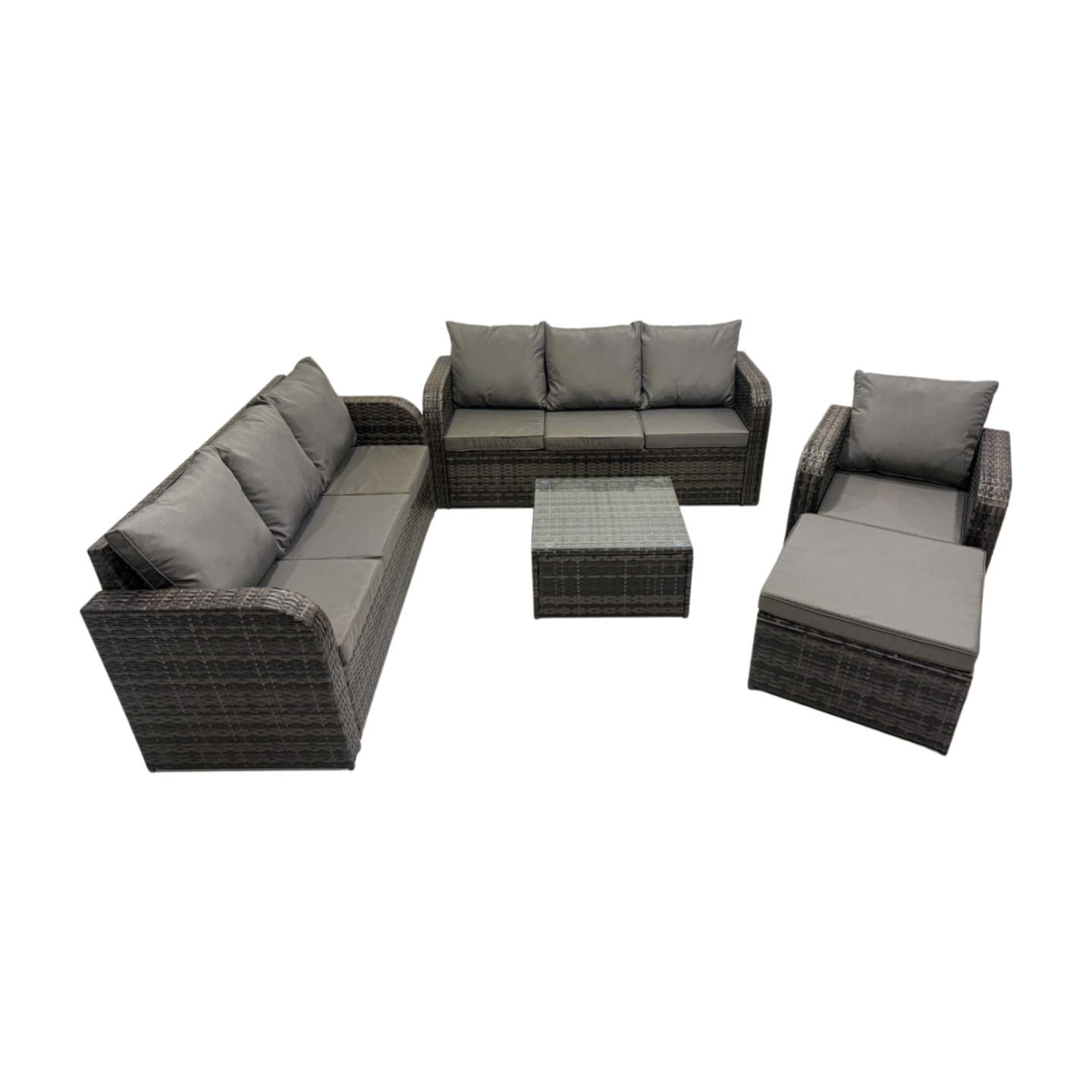 GARTENMÖBEL SET mit 3-SITZER SOFA Polyrattan Dunkelgrau 8-Sitzer - Dunkelgrau/Grau, Glas/Kunststoff - Fimous