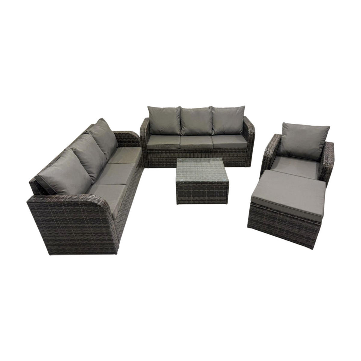GARTENMÖBEL SET mit 3-SITZER SOFA Polyrattan Dunkelgrau 8-Sitzer - Dunkelgrau/Grau, Glas/Kunststoff - Fimous