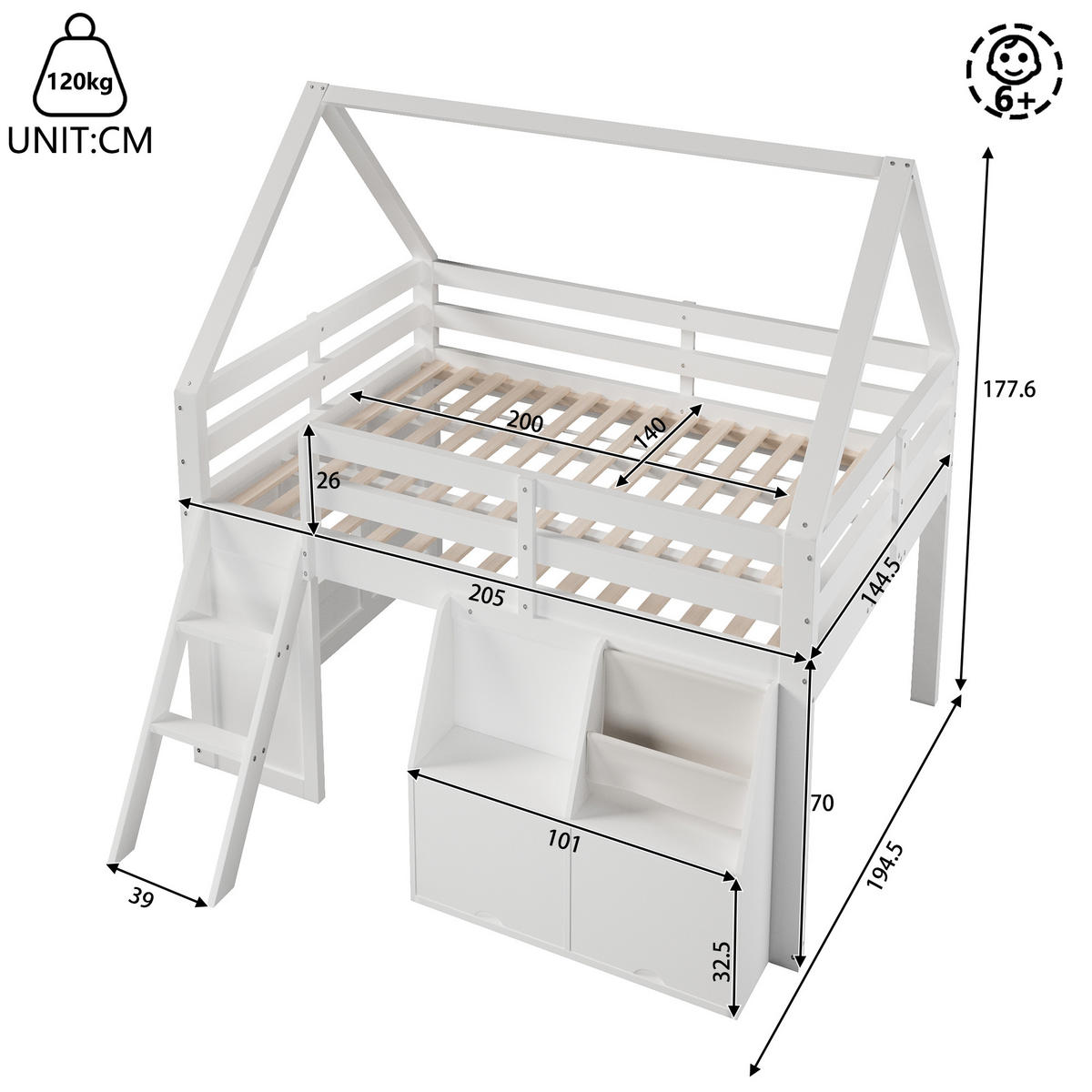 HOCHBETT 140/200 cm in Weiß mit Treppe, LED und Aufbewahrungsboxen im Hausdesign - Weiß, Holzwerkstoff (140/200cm) - STILVORA