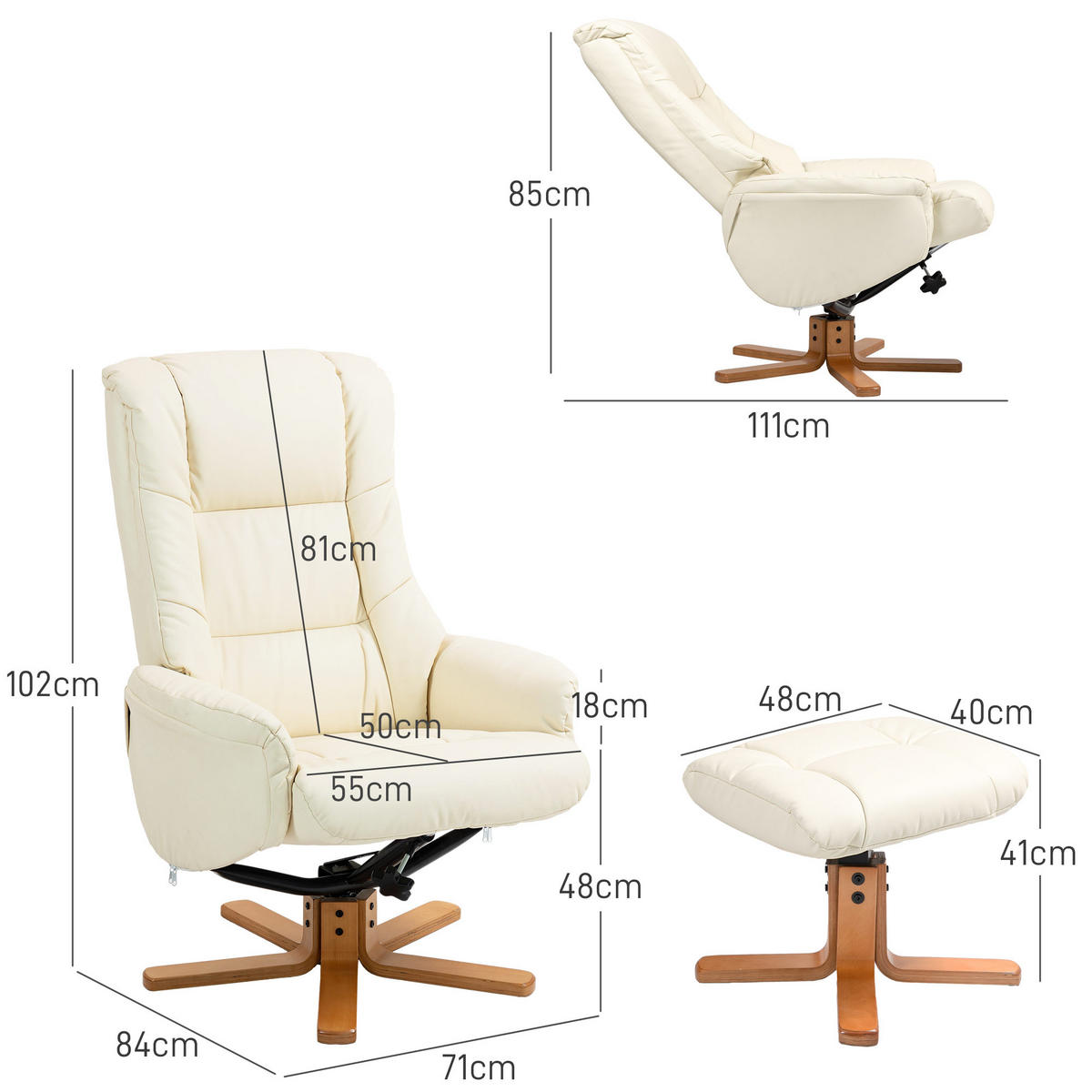 RELAXSESSEL mit Hocker, Fernsehsessel mit Liegefunktion, Wippfunktion, Schwarz - Creme/Weiß, Holz/Kunststoff (84/102/71cm) - HOMCOM