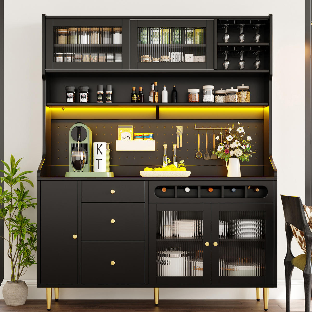 BUFFET 145/39/171 cm in Schwarz mit LED-Beleuchtung und Weinregal - Schwarz, Glas (145/171/39cm) - Flora Grace