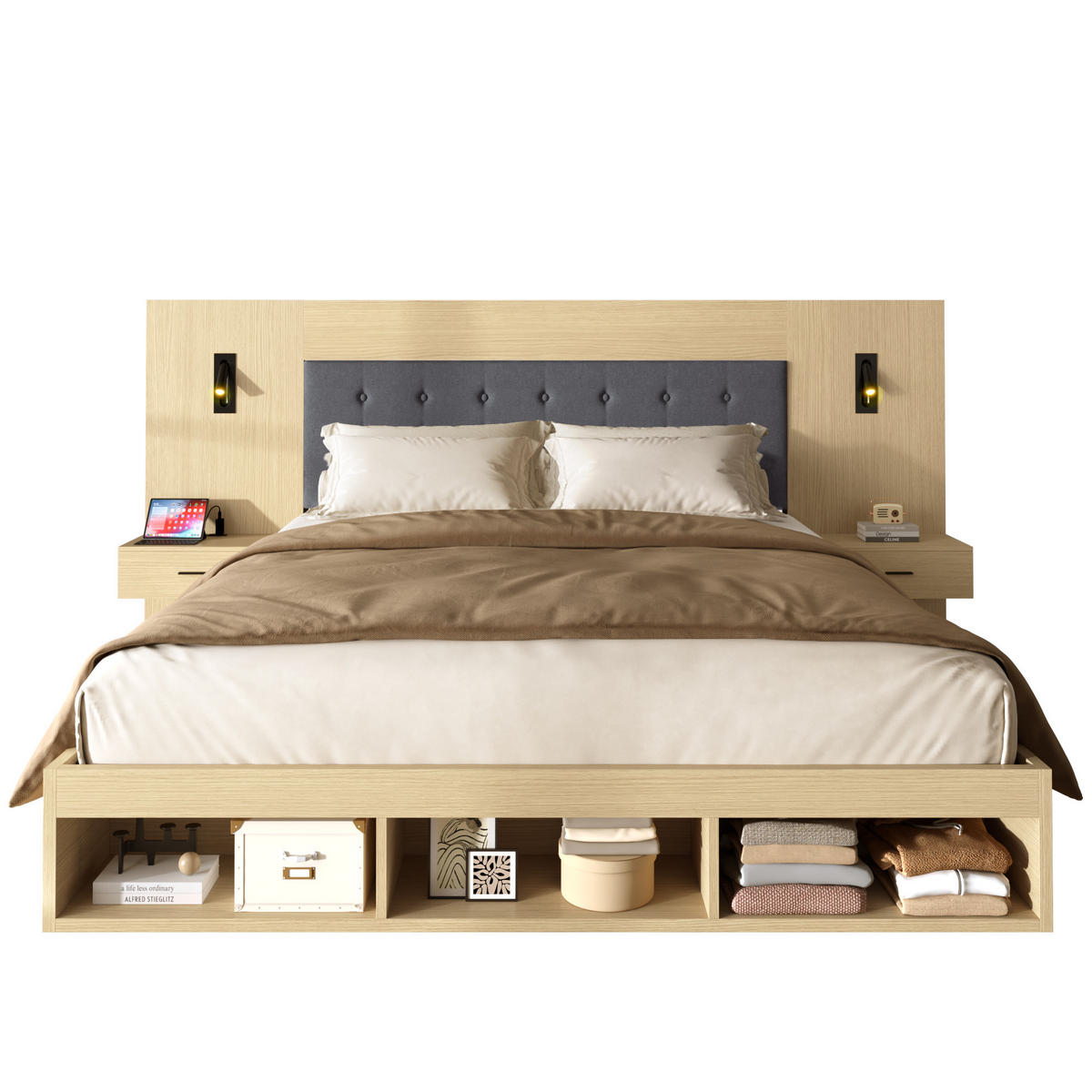 ČALOUNĚNÁ postel 180/200 cm z MDF, světle dubová, se zásuvným úložným prostorem a LED lampou - barva dubu, kompozitní dřevo (180/200cm) - BEAOK