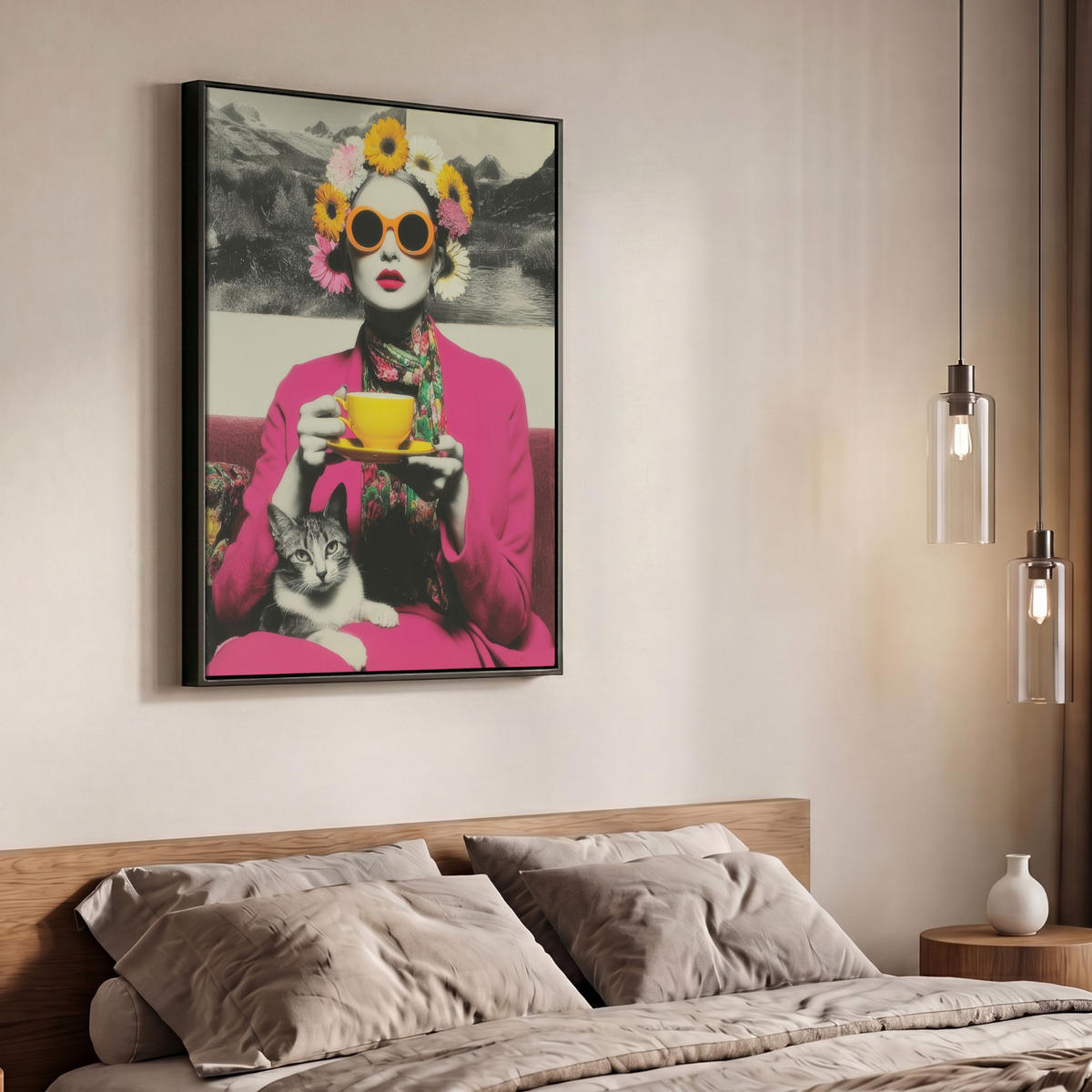 LEINWAND Bilder mit Rahmen - Frau - Katze - Blumen - Tasse - Retro - 70x100 - Magenta, Textil (70/100cm) - MuchoWow