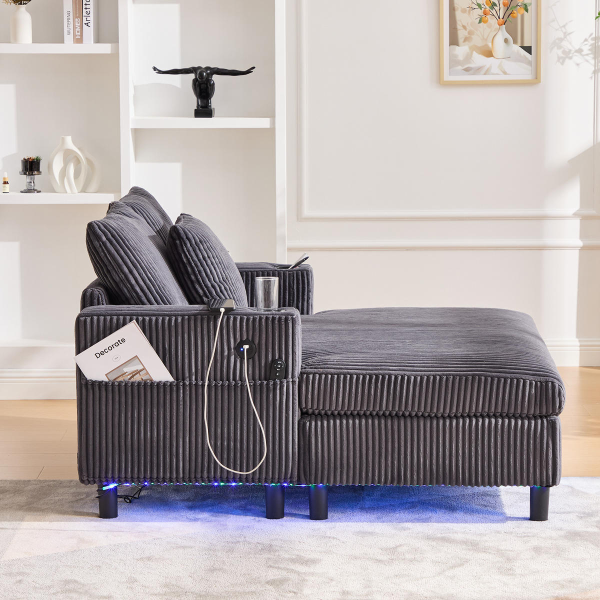 SCHLAFSOFA 1-Sitzer Corduroy Dunkelgrau mit LED-Beleuchtung, USB-Anschluss und Getränkehaltern - Hellgrau, Textil (128/85/142cm) - Luhomfu
