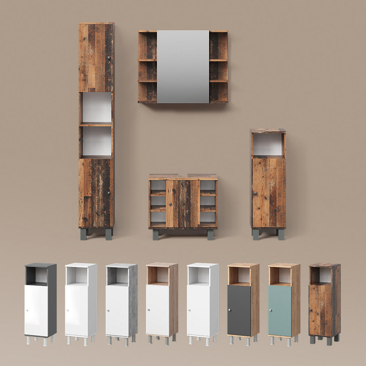 BADMÖBEL-SET Fucino Eiche rustikal 3 Teile, mit Hochschrank - Wildeiche, Holzwerkstoff (60/54/32cm) - Livinity®