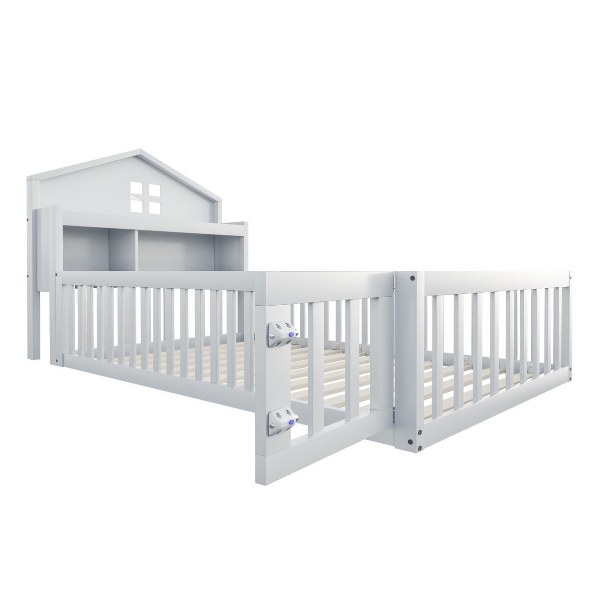 KINDERBETT 90/200 cm in Hausform aus Massivholz mit Stauraum und Schutzgitter - Weiß, Holzwerkstoff (90/200cm) - BEAOK