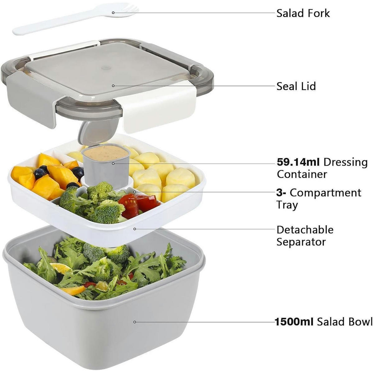 LUNCHBOX mit 3 Fächern und Dressingbehälter Grau 1500 ML - Grau, Kunststoff (17.5/17.5/9.9cm)