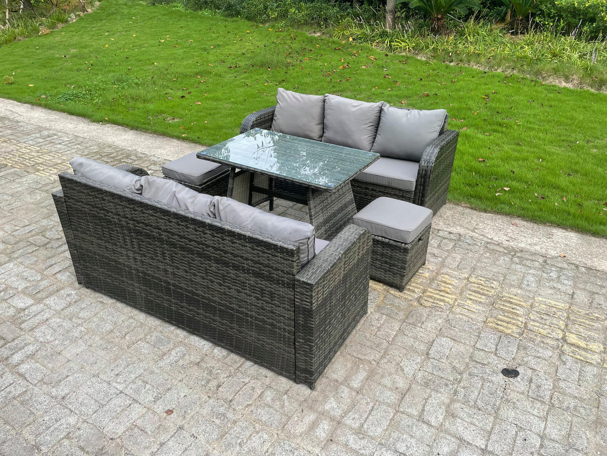 GARTENMÖBEL SET PE Polyrattan 8-Sitzer Grau - Dunkelgrau/Grau, Glas/Kunststoff - Fimous