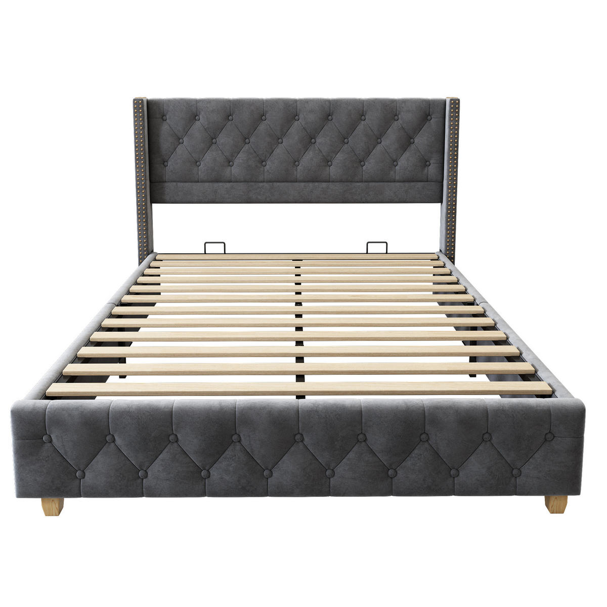 POLSTERBETT 140/190 cm mit Lattenrost, Knopfheftung, Nieten und Holzfüßen, Velours, Grau - Grau, Textil (140/190cm) - Redom