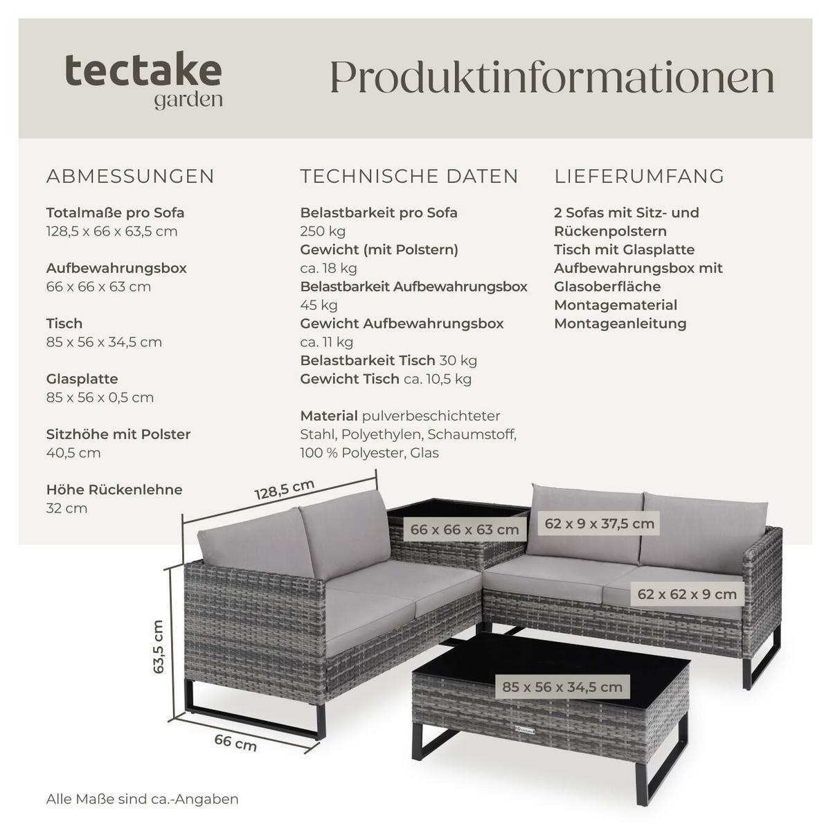 RATTANLOUNGE Ostuni, mit Sicherheitsglasplatte, grau - Grau, Kunststoff - tectake