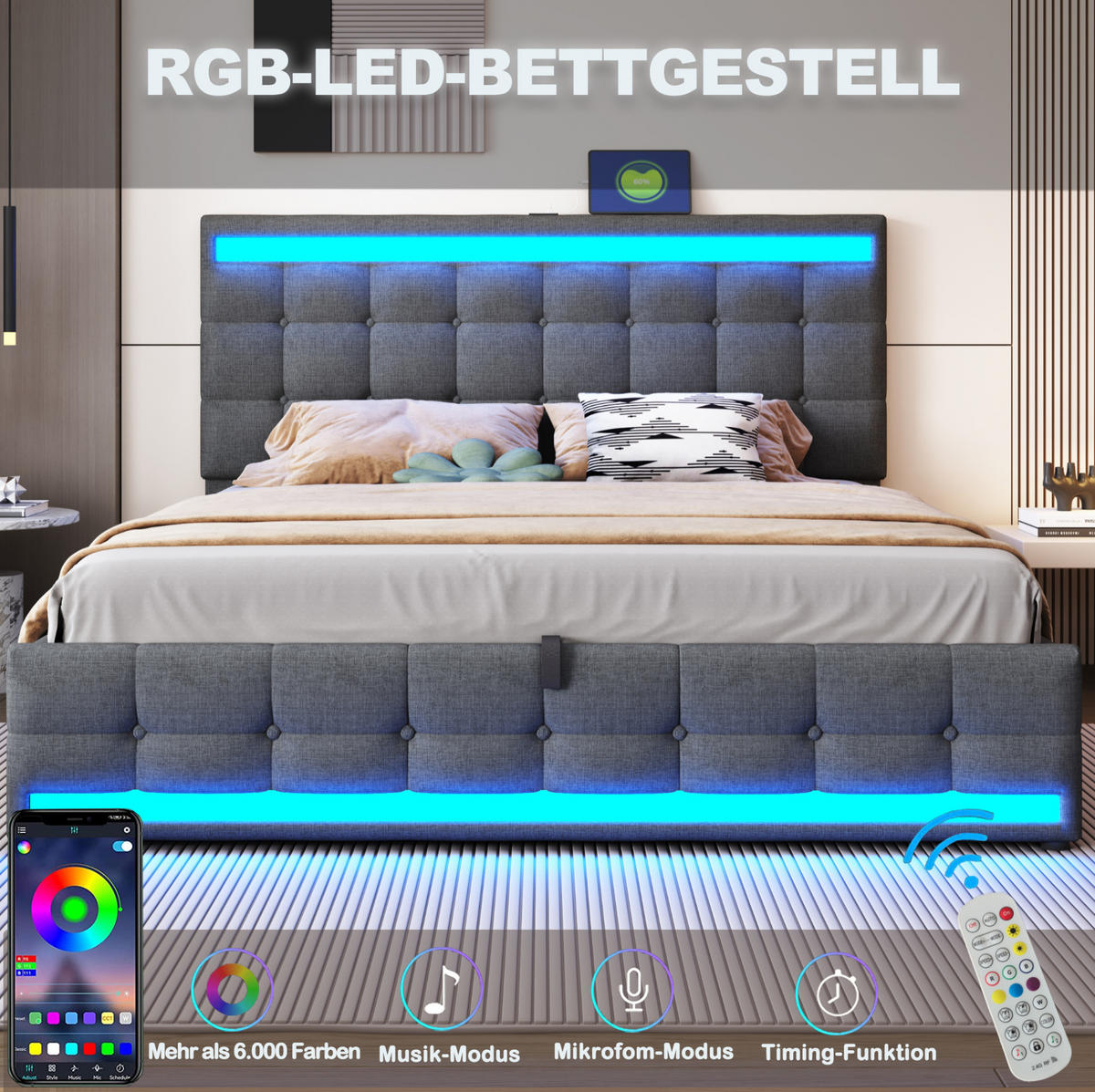 ČALOUNĚNÁ postel 180/200 cm, šedá, s LED osvětlením a USB - šedá, textil (180/200cm) - BEAOK