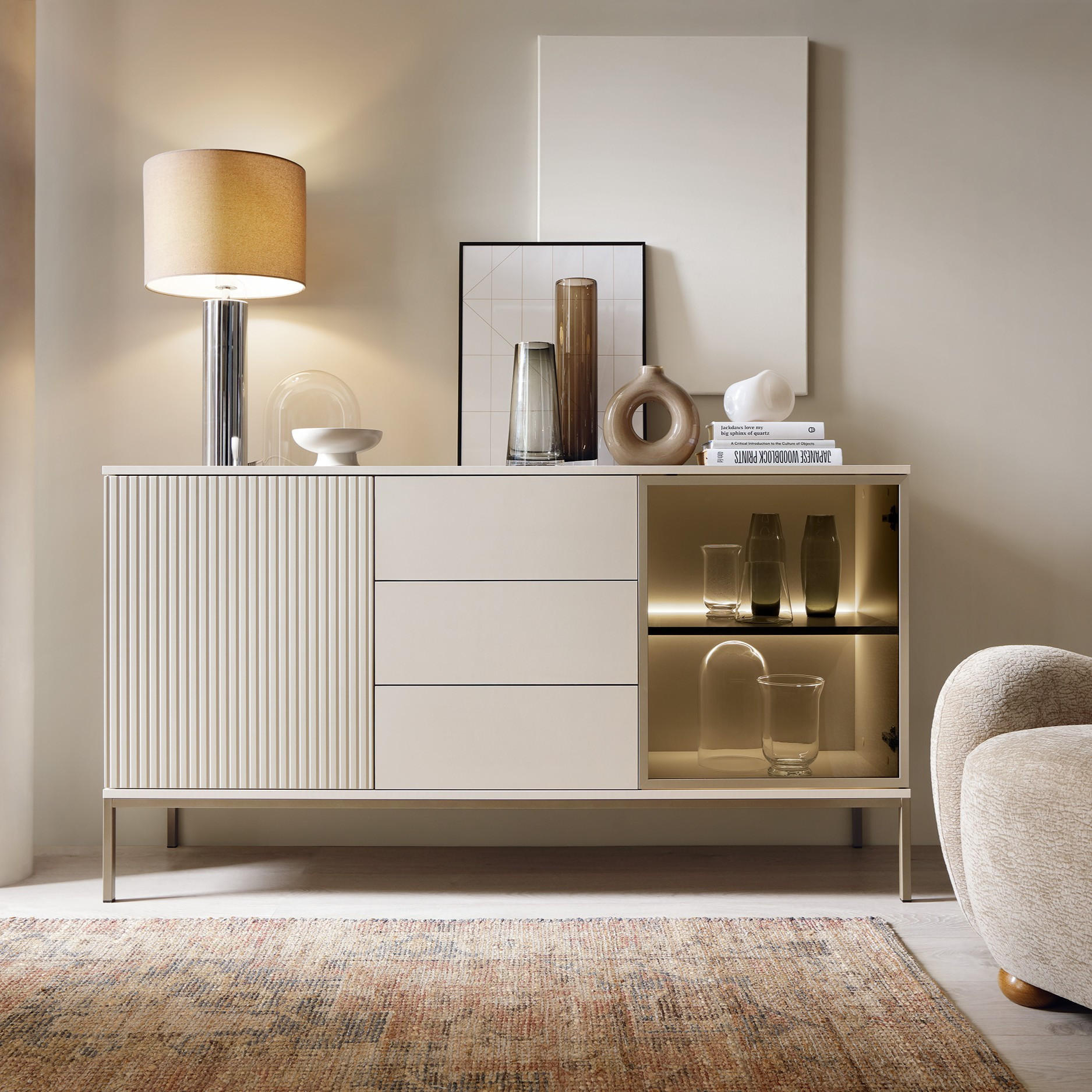 SIDEBOARD SENTIERO 154/83/39 cm mit LED 3 Schubladen und 2 Türen Kaschmir - Kaschmir, Holzwerkstoff (154/83/39cm) - MASSENO