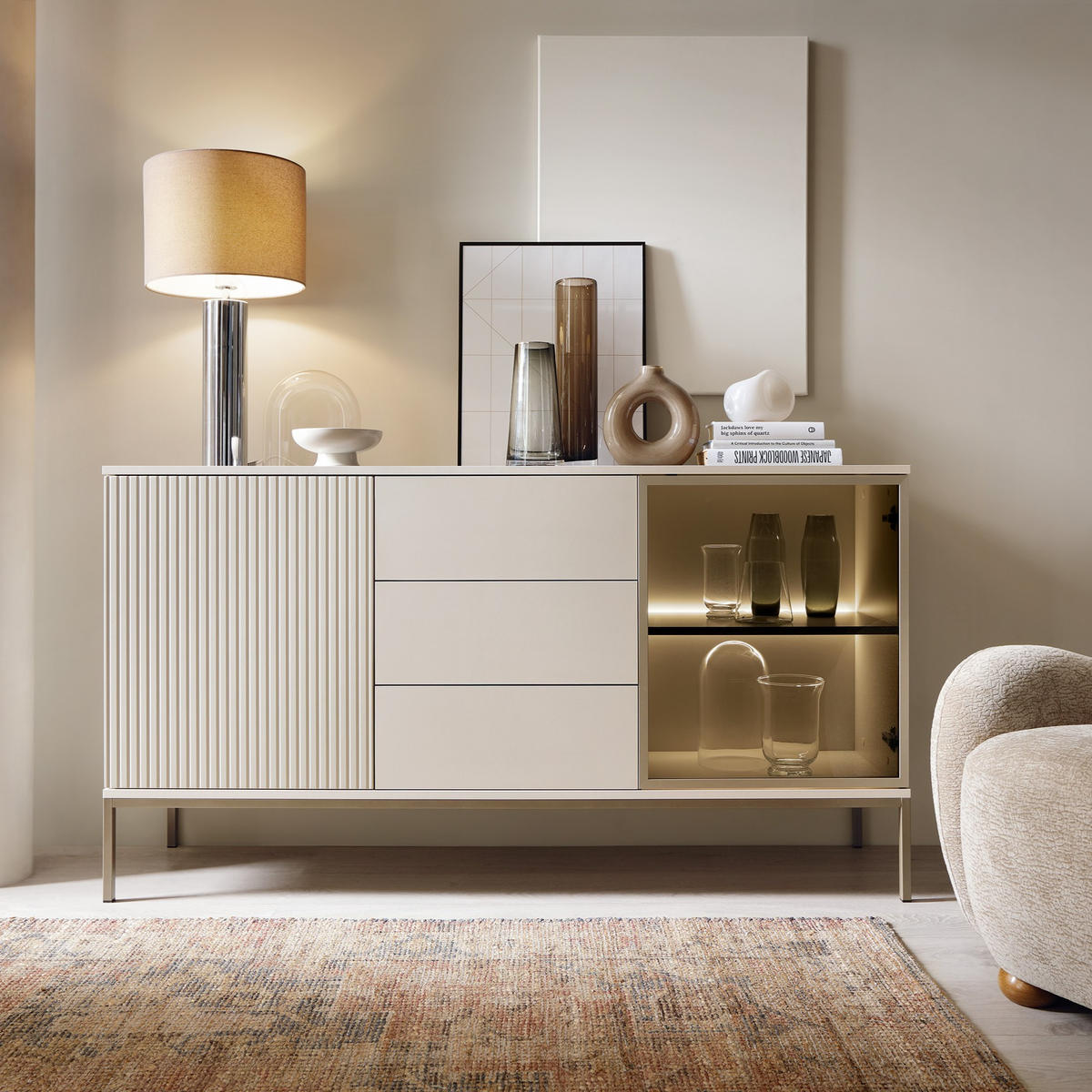 SIDEBOARD SENTIERO 154/83/39 cm mit LED 3 Schubladen und 2 Türen Kaschmir - Kaschmir, Holzwerkstoff (154/83/39cm) - MASSENO