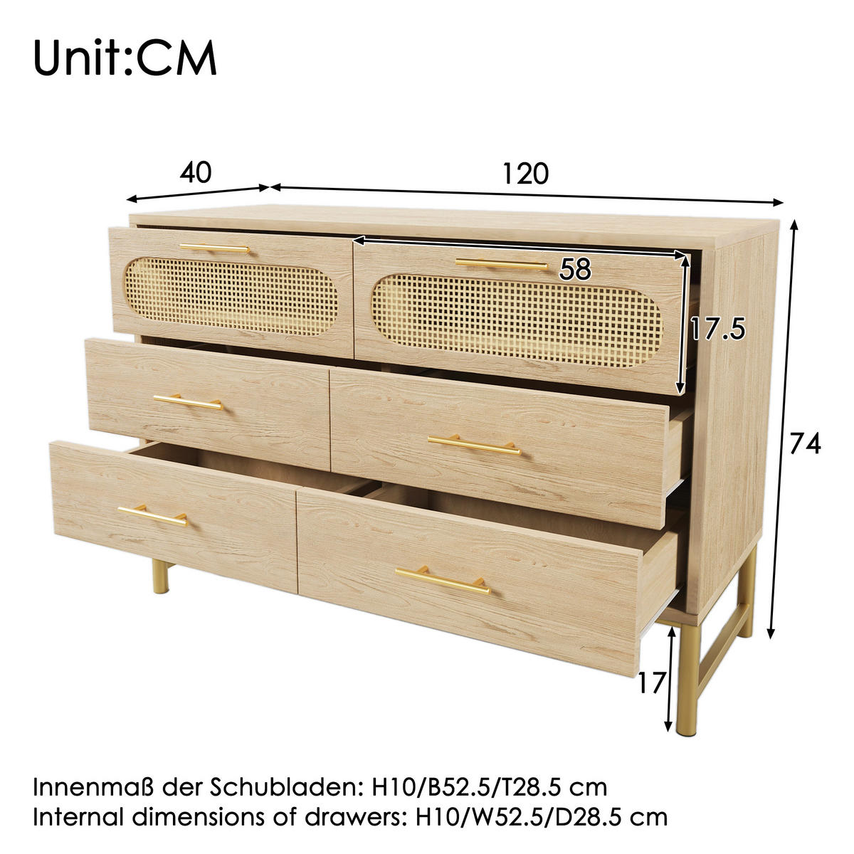KOMMODE in Eichenfarben Sideboard mit 6 Schubladen für Wohnzimmer und Schlafzimmer, B120/T40/H77 cm - Eichefarben/Goldfarben, Holzwerkstoff/Metall (120/74/40cm) - STILVORA