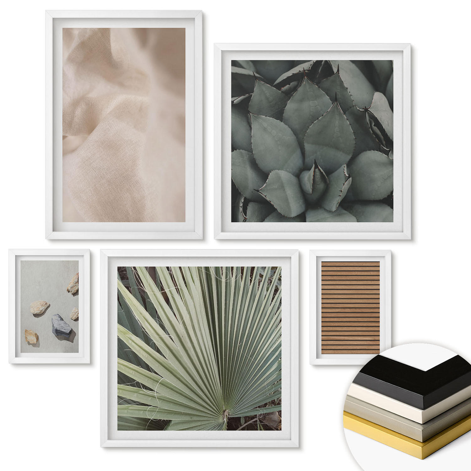 WANDBILDER 5er-Set - 50x50 cm & 20x30 cm & 40x60 cm Weißer Rahmen - Steine, Holz, Stofftexturen - Weiß, Kunststoff (40/60cm) - ArtPrintCave