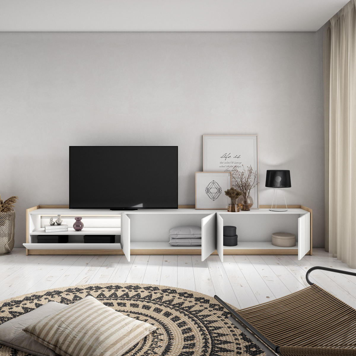 LOWBOARD, Weiß und Eiche, 310/37/50cm, mit Led - Weiß, Holzwerkstoff (310/50/37cm) - Skraut Home