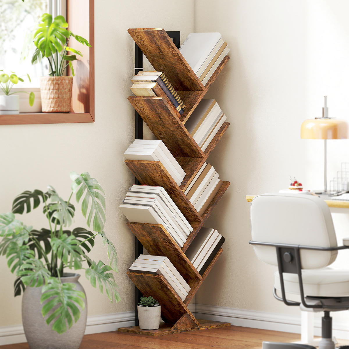 BÜCHERREGAL Standregal mit 9 Ebenen Schmal Regal im Baumform Rustikal Braun - Schwarz/Braun, Holzwerkstoff/Metall (24/136/50cm) - HOMCOM