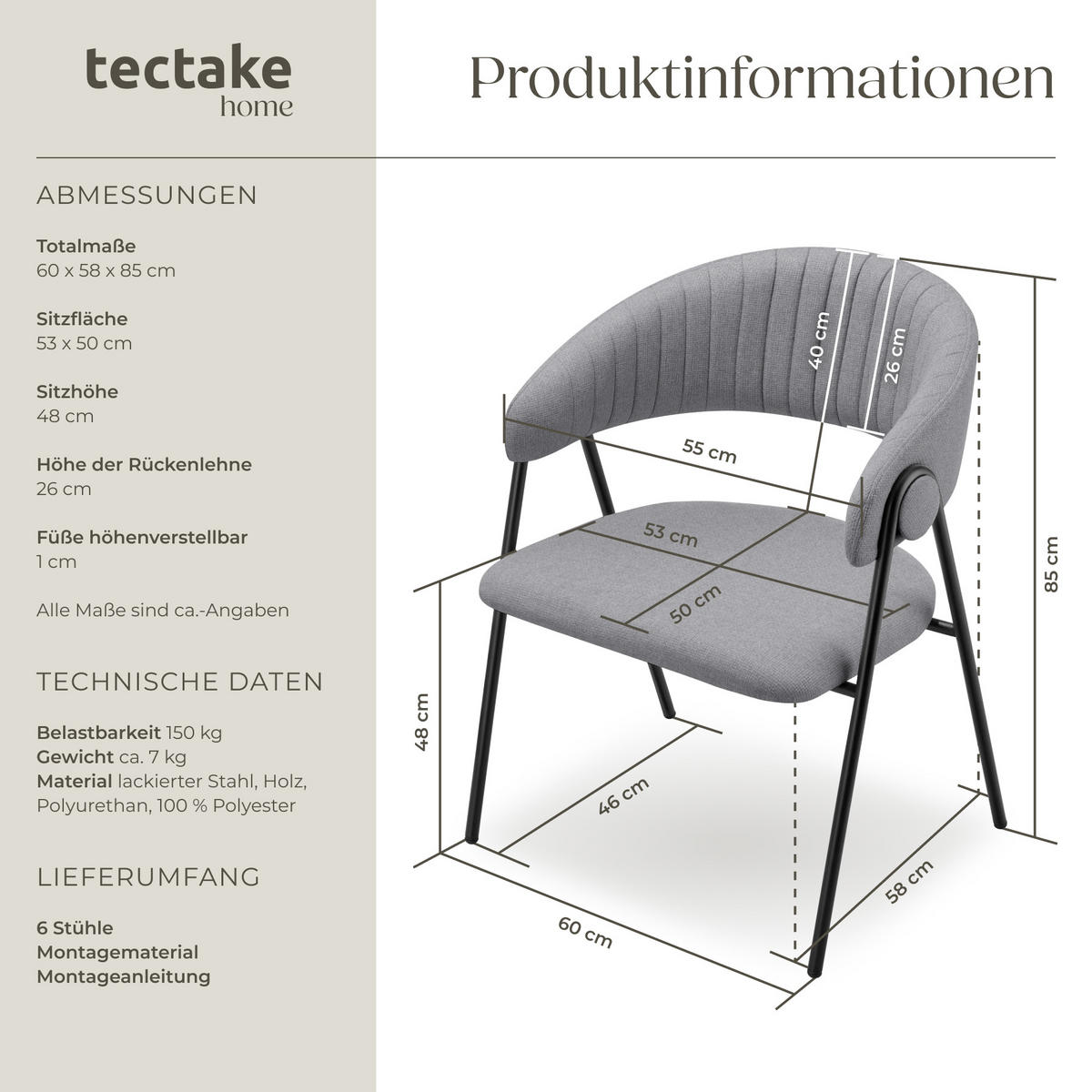 ARMLEHNSTUHL 6er Set Bedano 60 x 58 x 85 cm grau - Grau, Kunststoff (60/85/58cm) - tectake