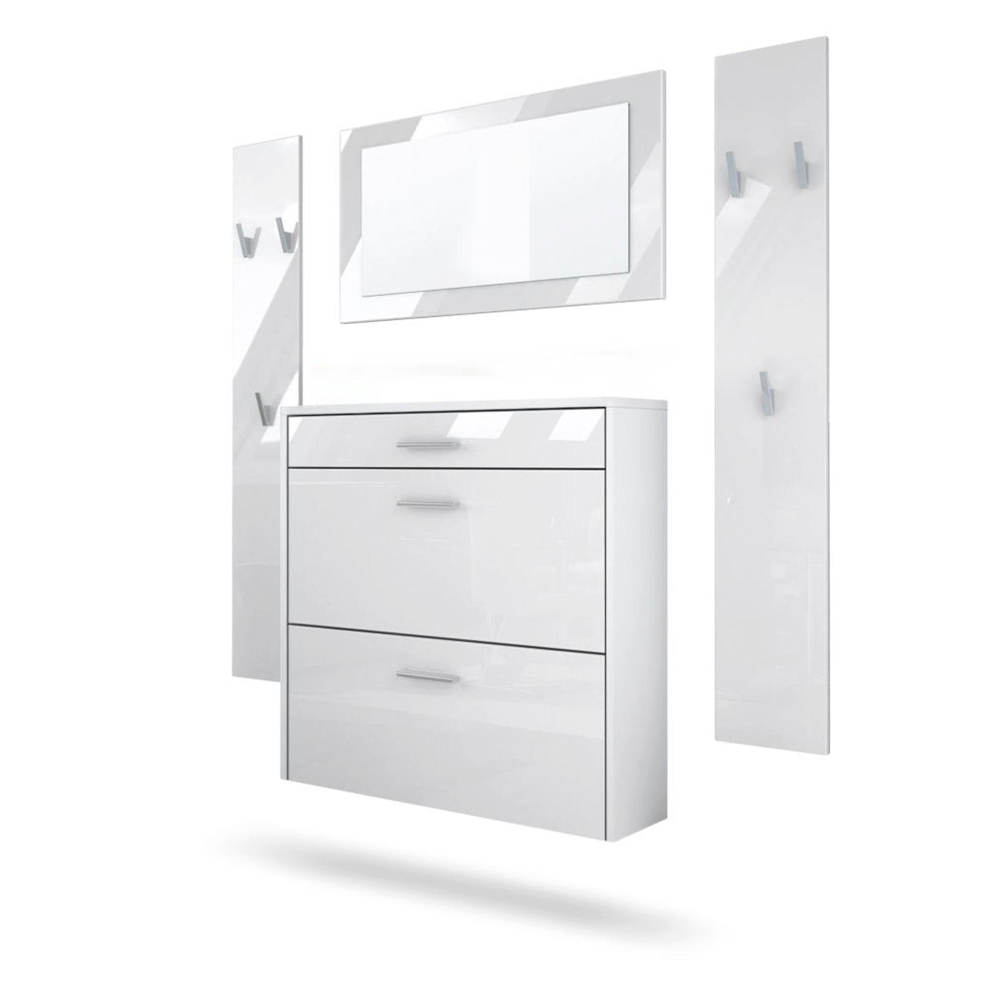 GARDEROBEN-SET Roma Air 4-teilig, Moderne Flurgarderoben Set mit Schuschrank, 2 Wandpaneele und Wandspiegel, Weiß matt/Weiß Hochglanz - Weiß Hochglanz, Holzwerkstoff (190/200/23cm) - InnoFurn