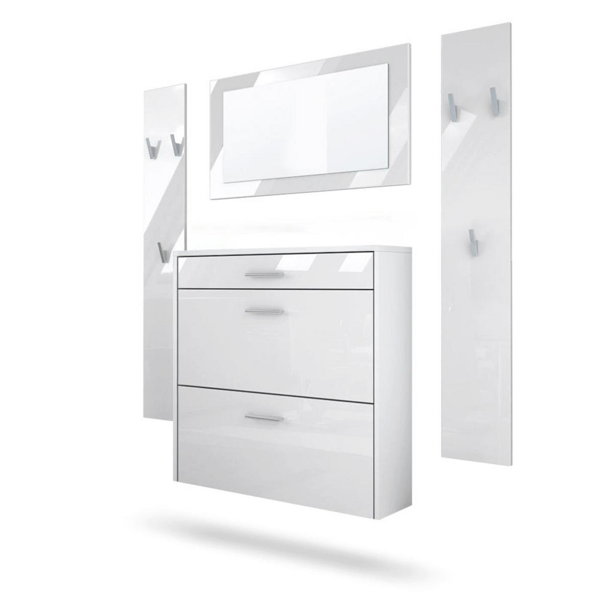 GARDEROBEN-SET Roma Air 4-teilig, Moderne Flurgarderoben Set mit Schuschrank, 2 Wandpaneele und Wandspiegel, Weiß matt/Weiß Hochglanz - Weiß Hochglanz, Holzwerkstoff (190/200/23cm) - InnoFurn