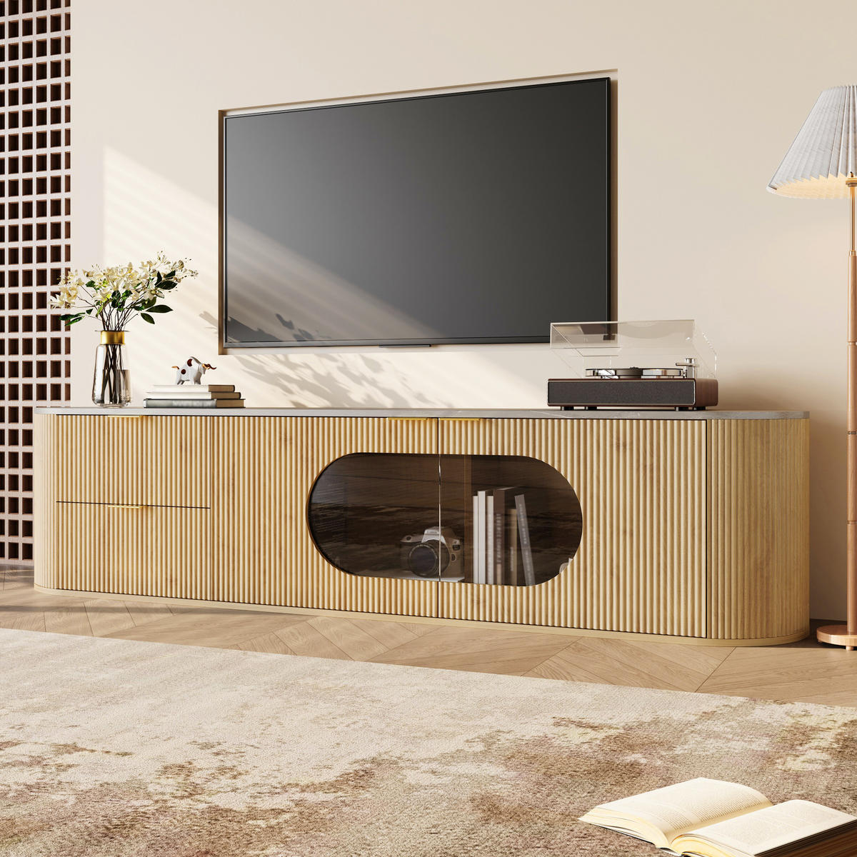 TV-SCHRANK Lowboard Holzoptik 3D Streifen Glasvitrine - Naturfarben, Holz (172/45.5/38cm) - LEBENLANG