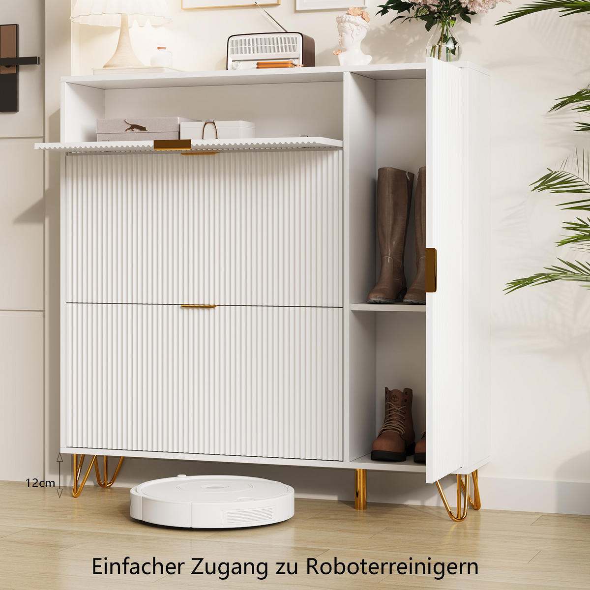SCHUHSCHRANK mit Ablage, 4 Türen, moderner leichter Luxus, 110 x 24 x 118 cm, Weiß - Goldfarben/Weiß, Holzwerkstoff/Metall (24/118/110cm) - GENKI LIVING