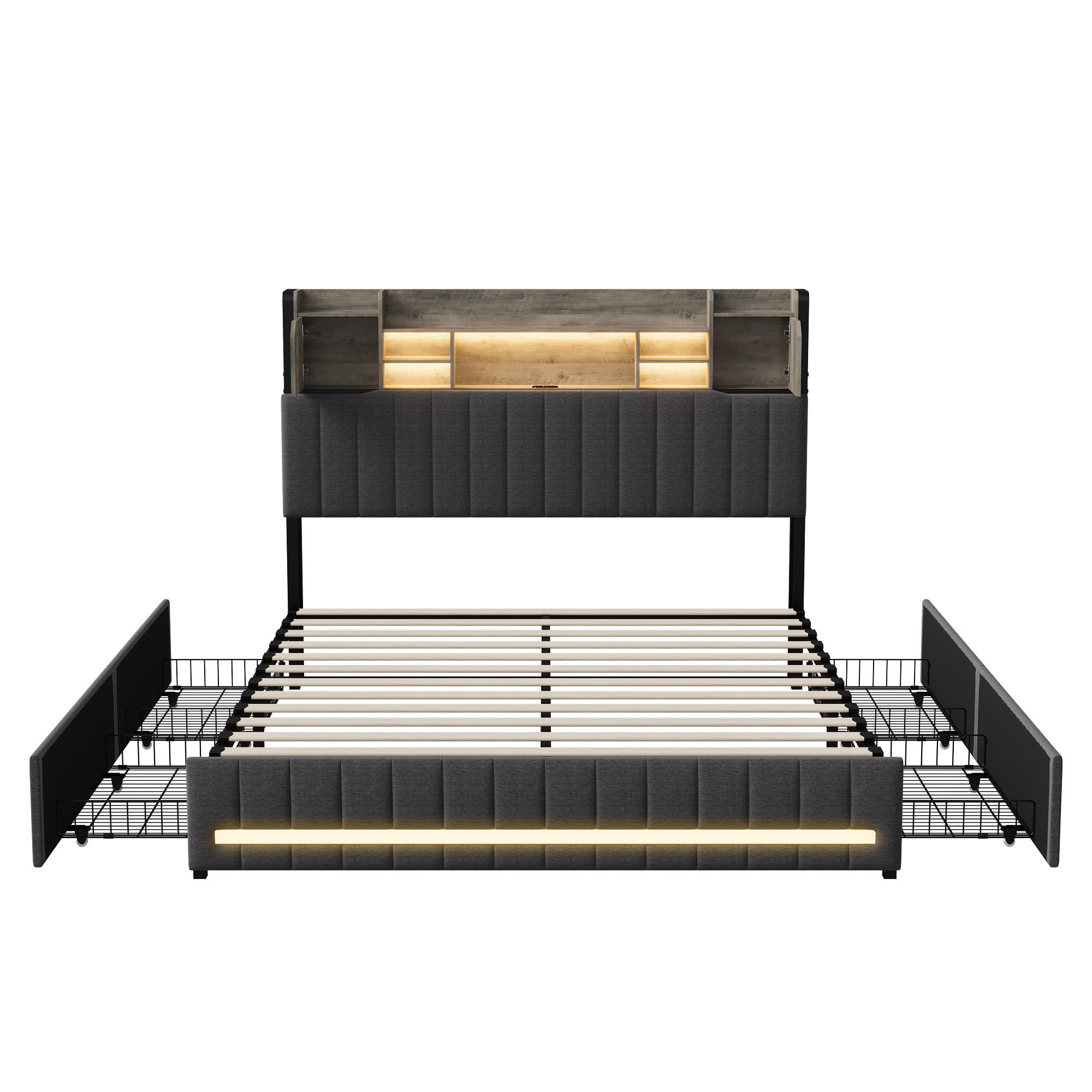POLSTERBETT 140x200 cm mit LED, USB, 4 Schubladen, Leinen, Grau - Grau, Metall (140/200cm)