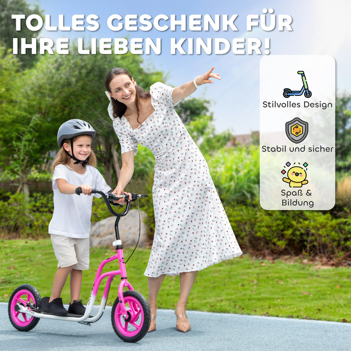ROLLER Kinder Tretroller Kickscooter mit verstellbarem Lenker 12 Zoll Räder Rosa - Hellrosa, Kunststoff (115/50/88cm) - AIYAPLAY